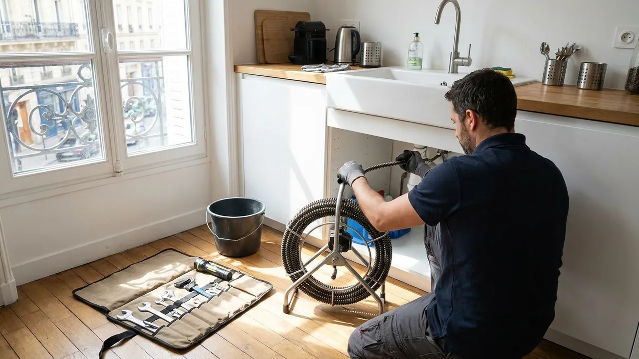Plombier débouchant une canalisation sous un évier de cuisine avec un furet professionnel à Athis-Mons