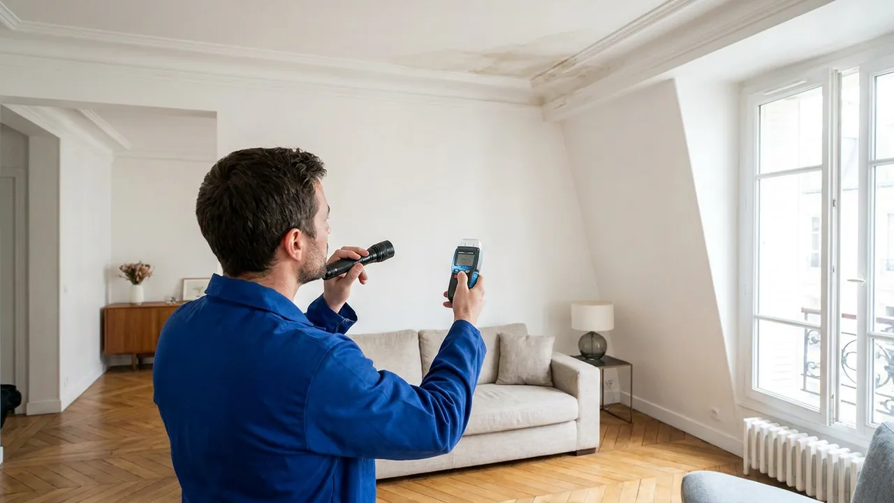 Plombier inspectant une auréole d'humidité au plafond avec un humidimètre dans un logement d'Athis-Mons