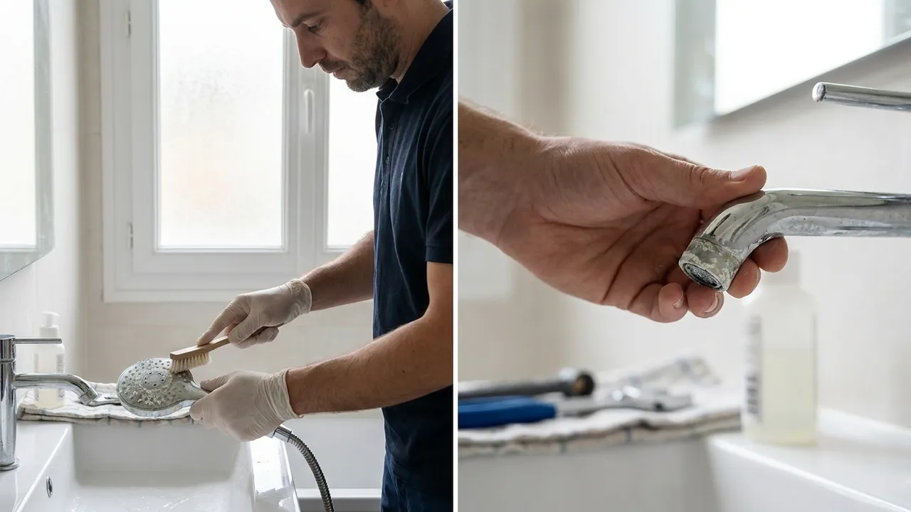 Plombier détartrant un pommeau de douche couvert de dépôts de calcaire dans une salle de bain d'Athis-Mons