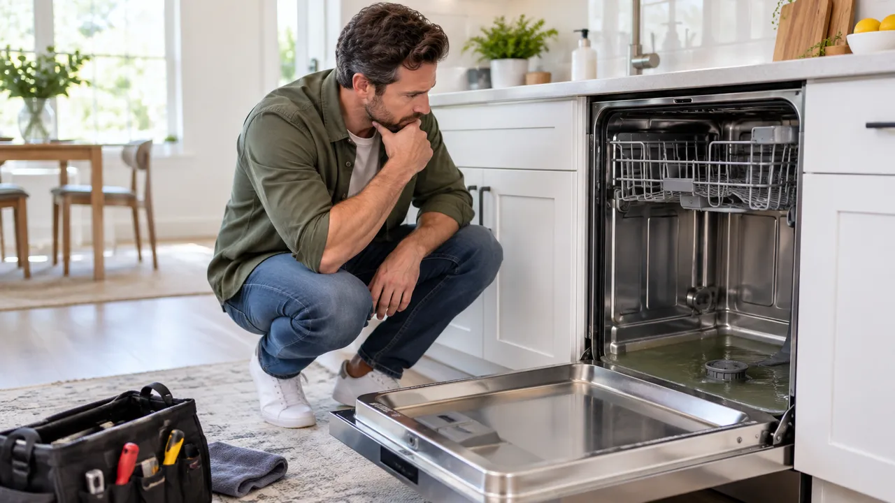 Homme accroupi devant un lave-vaisselle ouvert dont la cuve est remplie d'eau stagnante, dans une cuisine à Athis-Mons