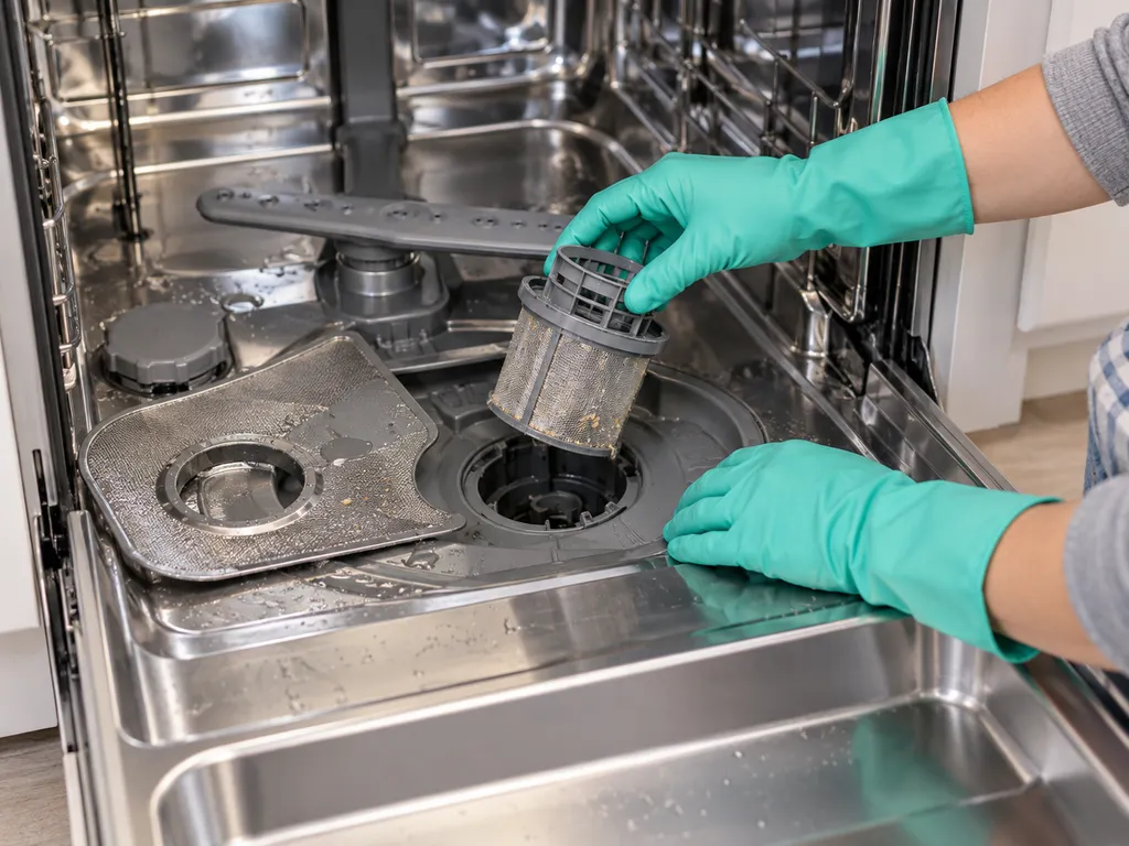 Mains gantées retirant le filtre cylindrique encrassé au fond de la cuve d'un lave-vaisselle ouvert, entretien courant à Athis-Mons