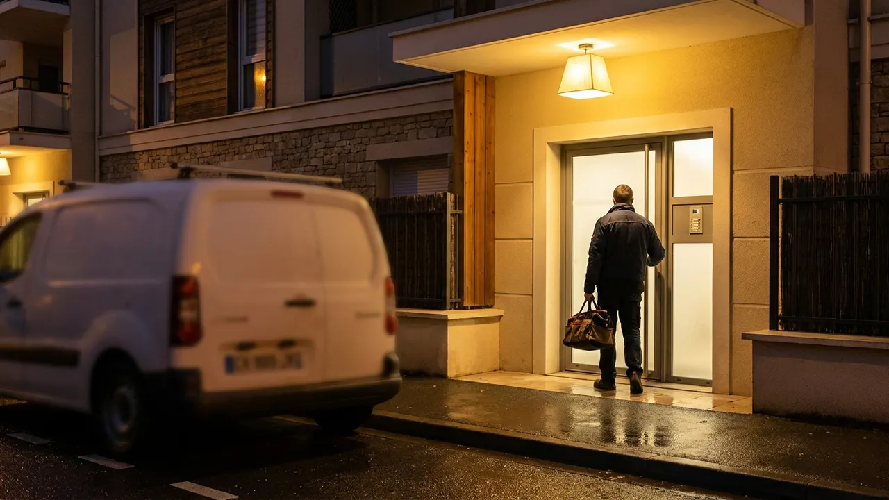 Plombier arrivant de nuit avec sa sacoche d'outils devant un immeuble résidentiel d'Athis-Mons